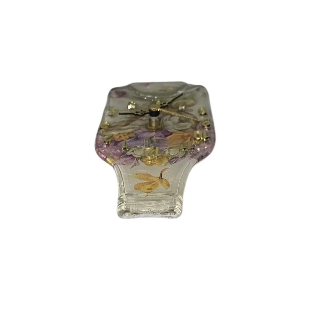 Vtg Fused Glass Recycled Bottle Clock With Flowers Designs 7½